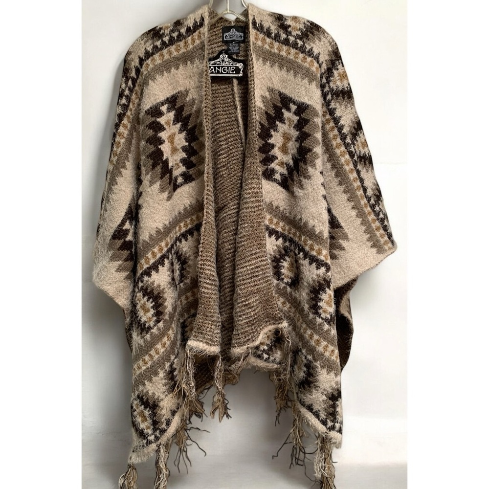 ANGIE Mocha & Taupe Soft Knit Fringed Ruana Sweater Wrap - Picture 8 of 8